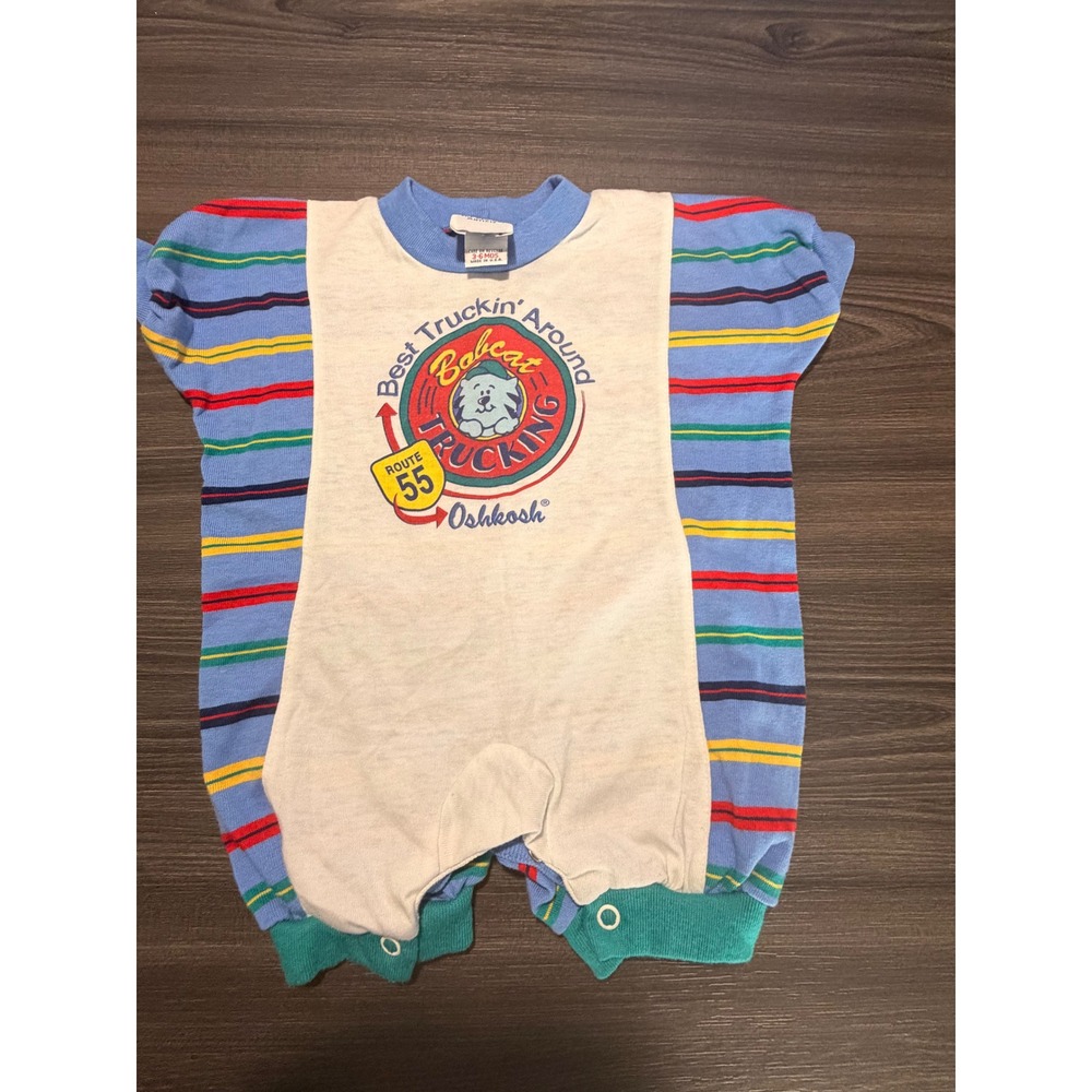 Vintage OshKosh Bgosh Bobcat Trucking Romper 3-6 Months Striped USA Made Blue